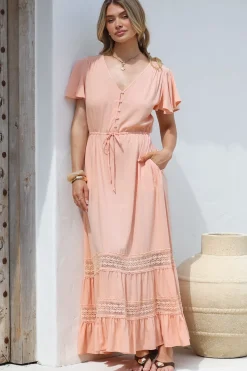 Narissa Maxi Dress - A-Line Dress with Lace Splicing and Flutter Sleeves in Blush>Salty Crush Clearance