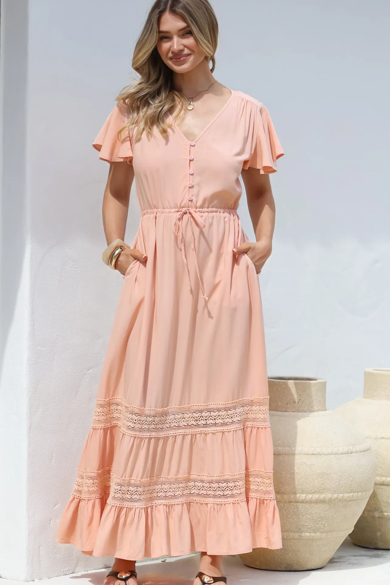 Narissa Maxi Dress - A-Line Dress with Lace Splicing and Flutter Sleeves in Blush>Salty Crush Clearance