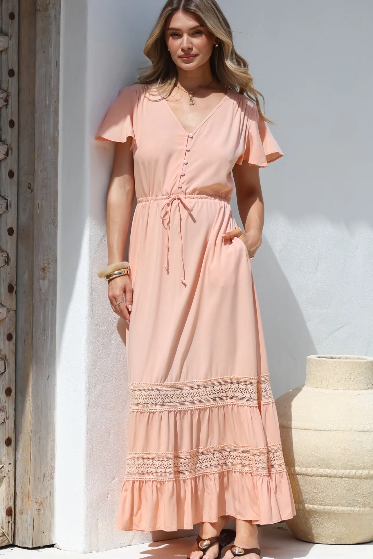 Narissa Maxi Dress - A-Line Dress with Lace Splicing and Flutter Sleeves in Blush>Salty Crush Clearance