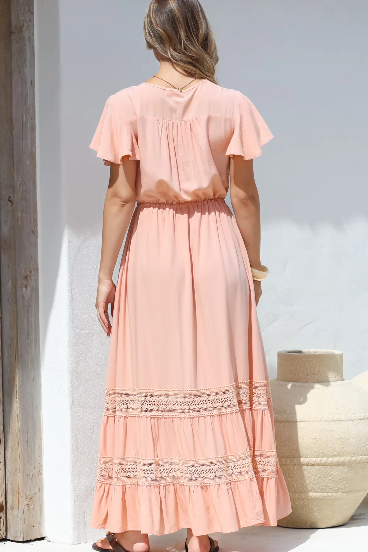 Narissa Maxi Dress - A-Line Dress with Lace Splicing and Flutter Sleeves in Blush>Salty Crush Clearance