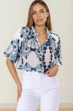 Natalia Blouse - Button Down Mandarin Collar Shirt in Calea Blue Print>Salty Crush Hot
