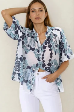Natalia Blouse - Button Down Mandarin Collar Shirt in Calea Blue Print>Salty Crush Hot