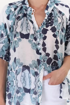 Natalia Blouse - Button Down Mandarin Collar Shirt in Calea Blue Print><noscript><img width=