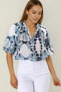 Natalia Blouse - Button Down Mandarin Collar Shirt in Calea Blue Print><noscript><img width=