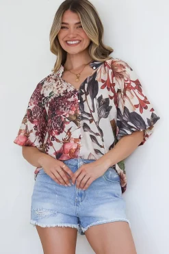 Nayra Blouse - Mandarin Collar Buttoned Down with Puff Sleeves in Leonor Print>Salty Crush Clearance