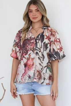 Nayra Blouse - Mandarin Collar Buttoned Down with Puff Sleeves in Leonor Print><noscript><img width=