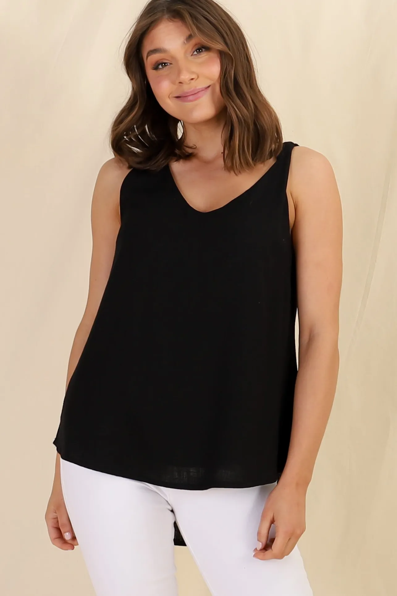 Neide Top - High Low Scoop Hem Sleeveless Top in Black>Salty Crush Sale