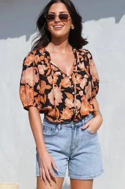 Neo Blouse - High Frill Collar Button Down Shirt in Yasmin Print Black>Salty Crush