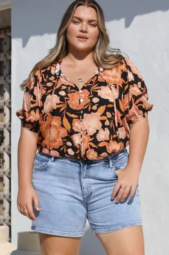 Neo Blouse - High Frill Collar Button Down Shirt in Yasmin Print Black>Salty Crush