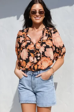 Neo Blouse - High Frill Collar Button Down Shirt in Yasmin Print Black><noscript><img width=