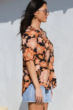 Neo Blouse - High Frill Collar Button Down Shirt in Yasmin Print Black><noscript><img width=