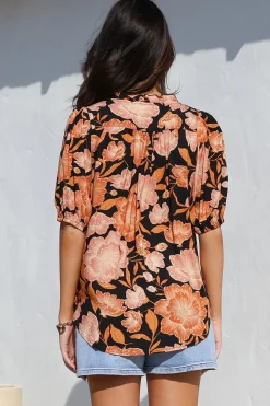 Neo Blouse - High Frill Collar Button Down Shirt in Yasmin Print Black><noscript><img width=