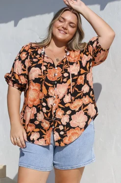 Neo Blouse - High Frill Collar Button Down Shirt in Yasmin Print Black><noscript><img width=