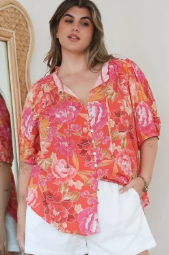 Neo Blouse - High Frill Collar Button Down Shirt in Mirella Print>Salty Crush Hot