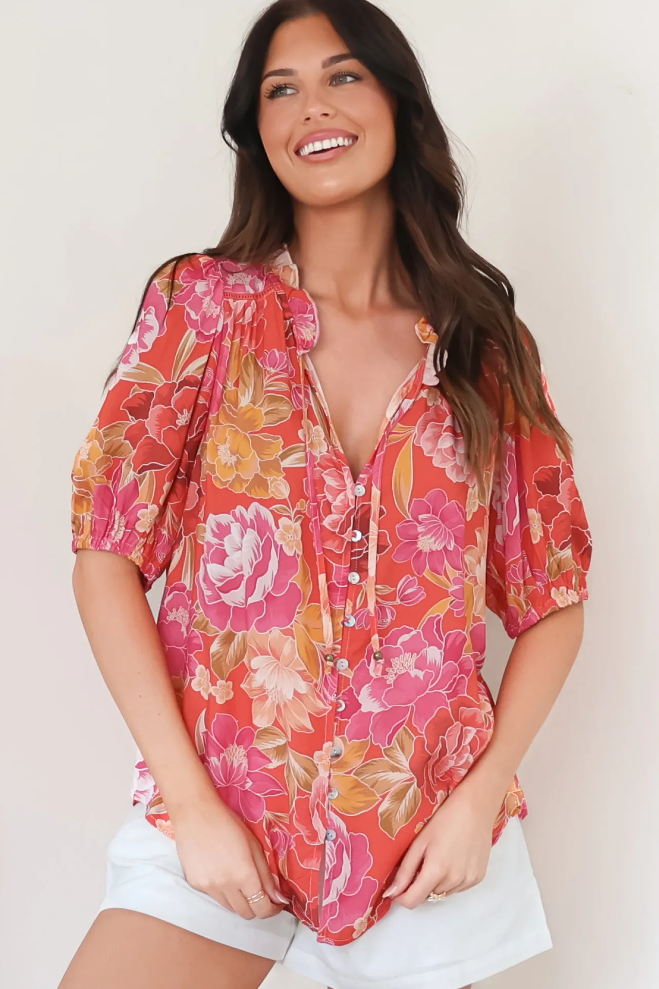 Neo Blouse - High Frill Collar Button Down Shirt in Mirella Print>Salty Crush Hot