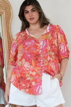Neo Blouse - High Frill Collar Button Down Shirt in Mirella Print><noscript><img width=