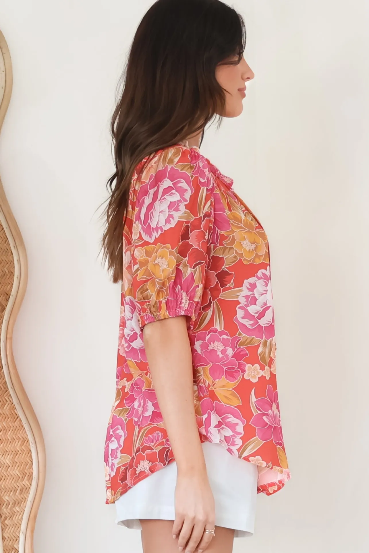 Neo Blouse - High Frill Collar Button Down Shirt in Mirella Print>Salty Crush Hot