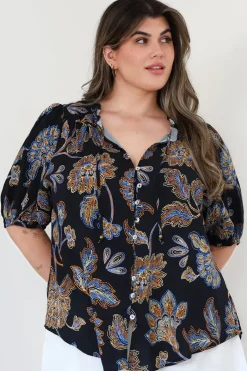 Neo Blouse - High Frill Collar Button Down Shirt in Enchanted Ink Print>Salty Crush New