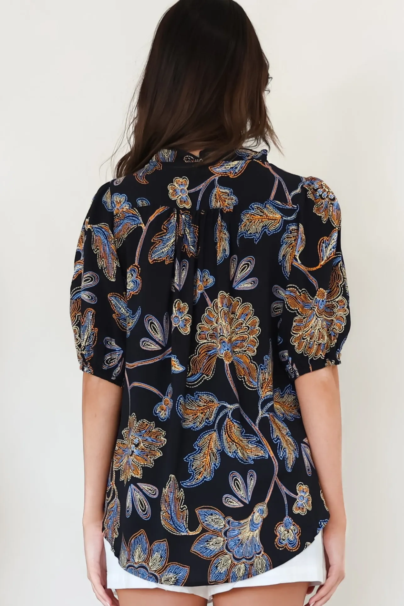 Neo Blouse - High Frill Collar Button Down Shirt in Enchanted Ink Print>Salty Crush New