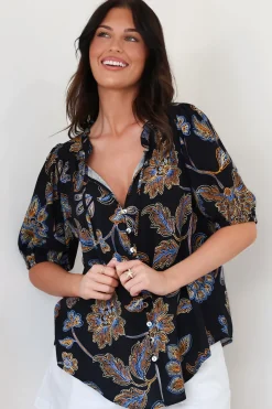 Neo Blouse - High Frill Collar Button Down Shirt in Enchanted Ink Print><noscript><img width=