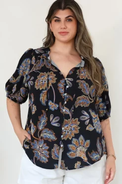 Neo Blouse - High Frill Collar Button Down Shirt in Enchanted Ink Print><noscript><img width=