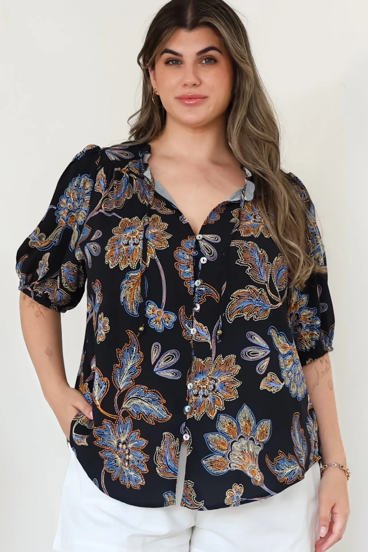 Neo Blouse - High Frill Collar Button Down Shirt in Enchanted Ink Print>Salty Crush New