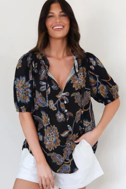 Neo Blouse - High Frill Collar Button Down Shirt in Enchanted Ink Print><noscript><img width=