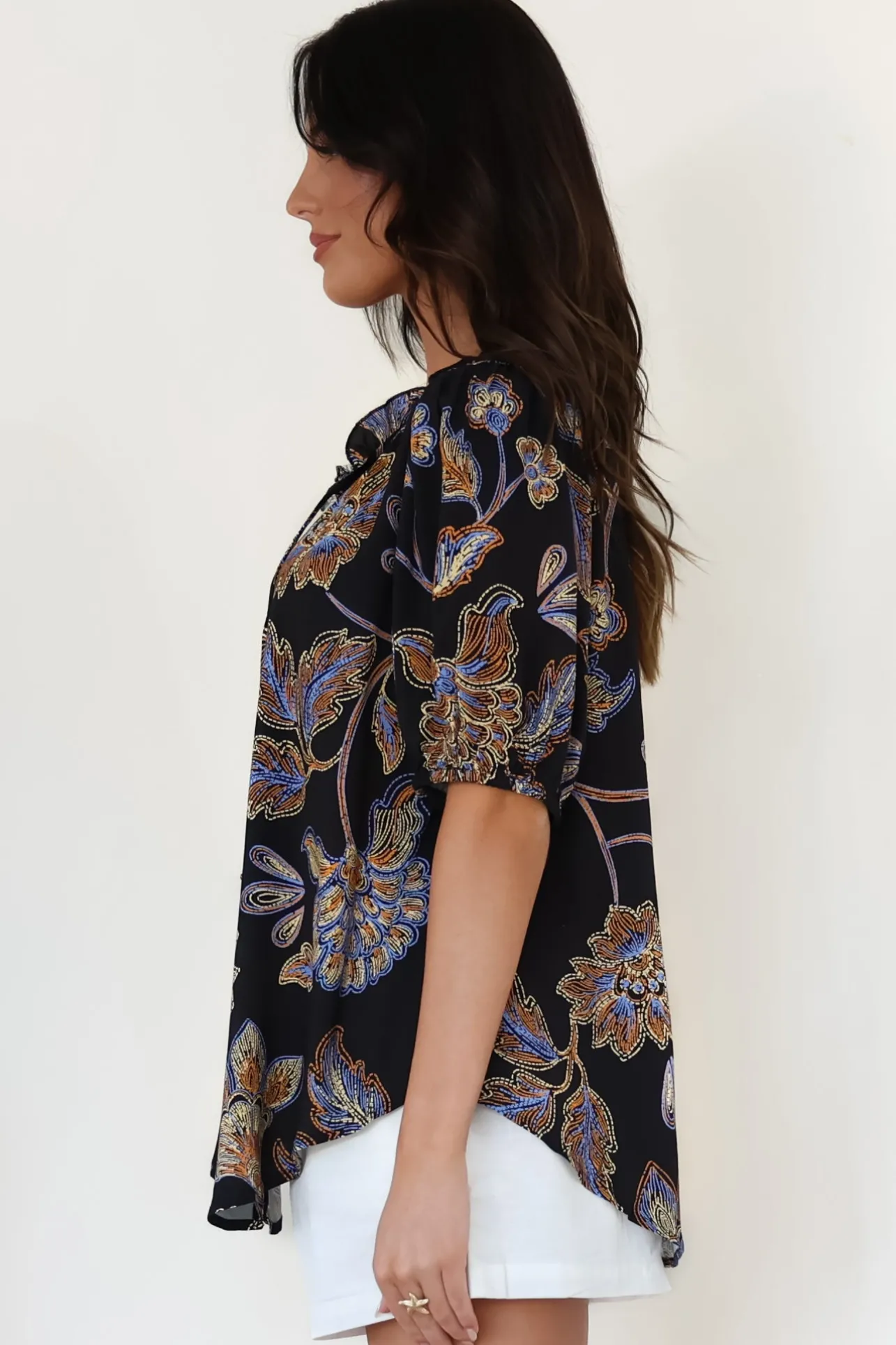 Neo Blouse - High Frill Collar Button Down Shirt in Enchanted Ink Print>Salty Crush New