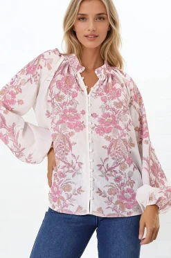 Nicola Blouse - Mandarin Collar Button Down Linen Blouse in Sorrel Print>Salty Crush Sale