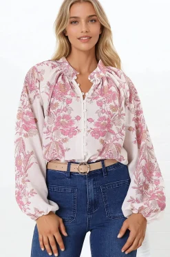Nicola Blouse - Mandarin Collar Button Down Linen Blouse in Sorrel Print><noscript><img width=