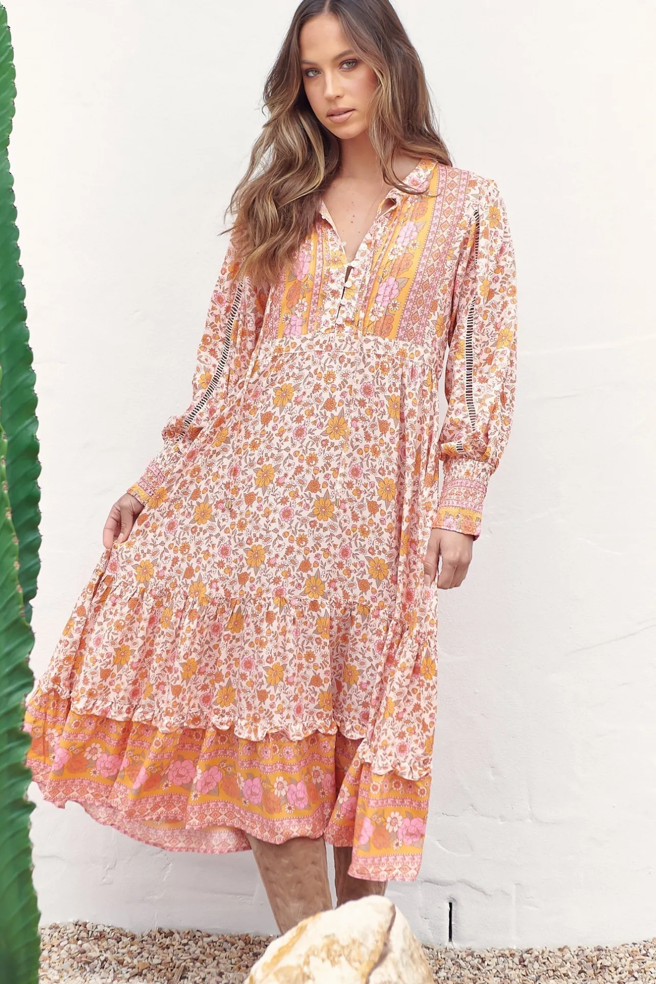 Nirvana Midi Dress - Mandarin Collar with Buttoned Bodice in Amor Print>Jaase Online