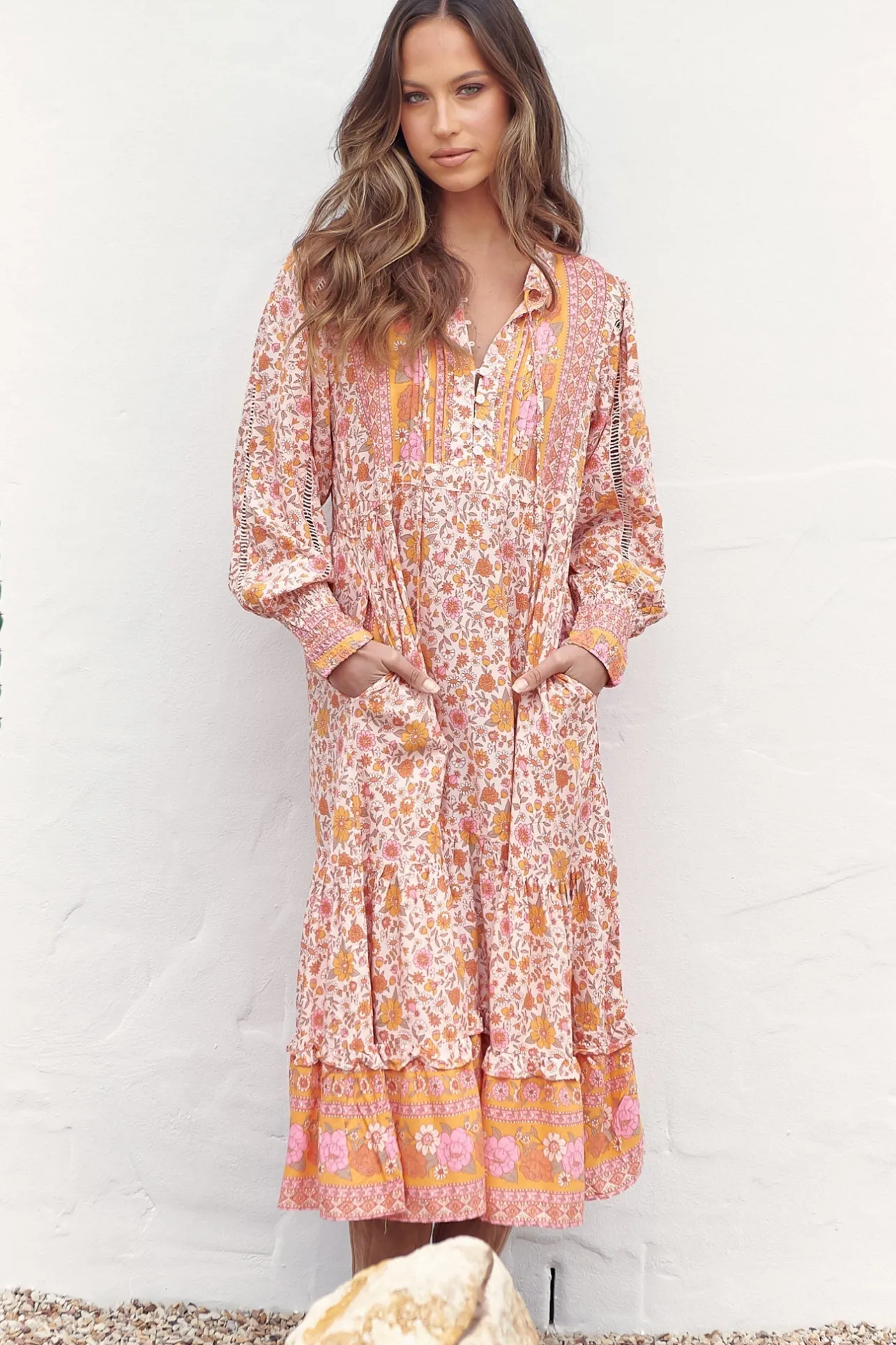 Nirvana Midi Dress - Mandarin Collar with Buttoned Bodice in Amor Print>Jaase Online