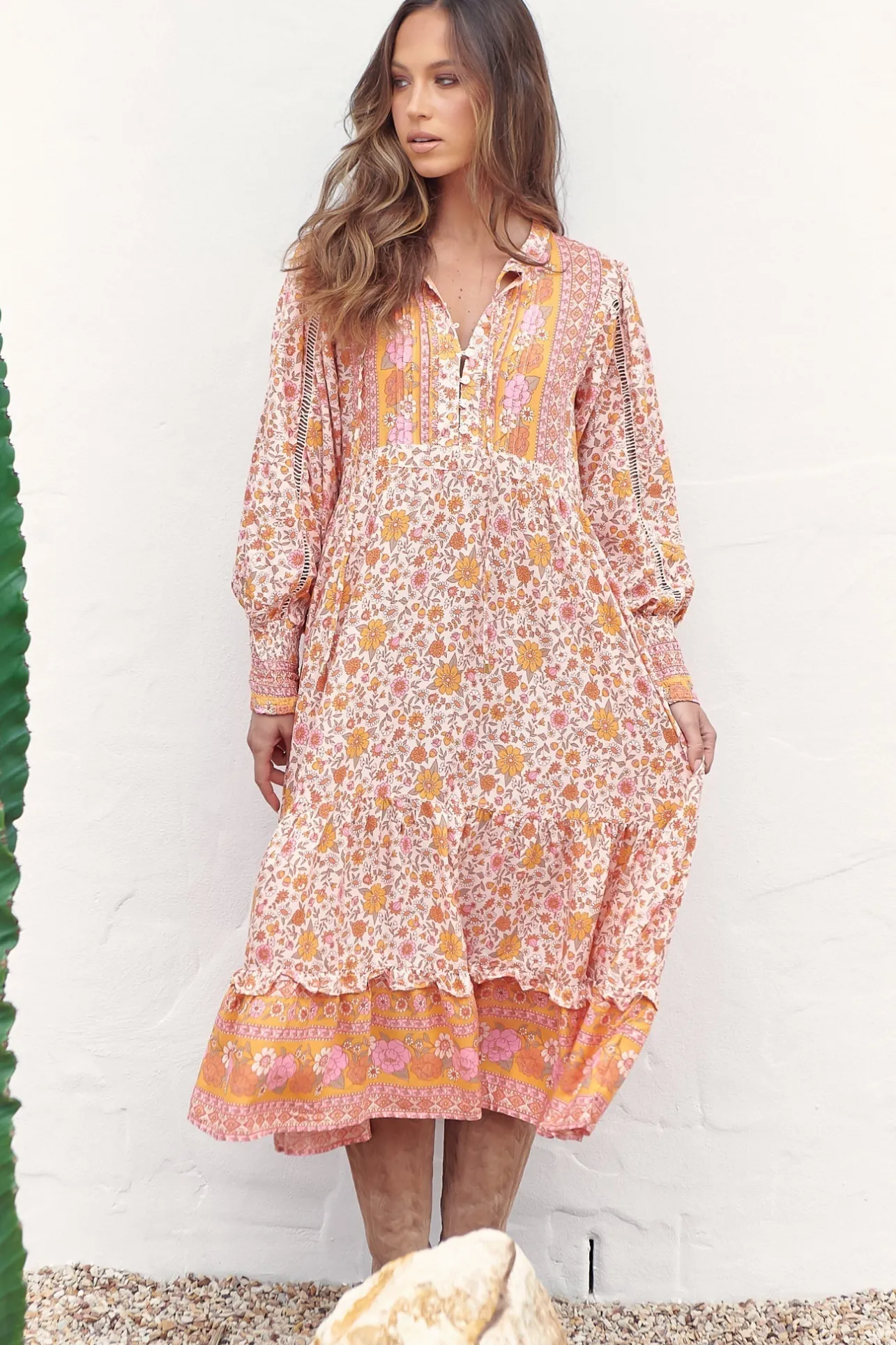 Nirvana Midi Dress - Mandarin Collar with Buttoned Bodice in Amor Print>Jaase Online