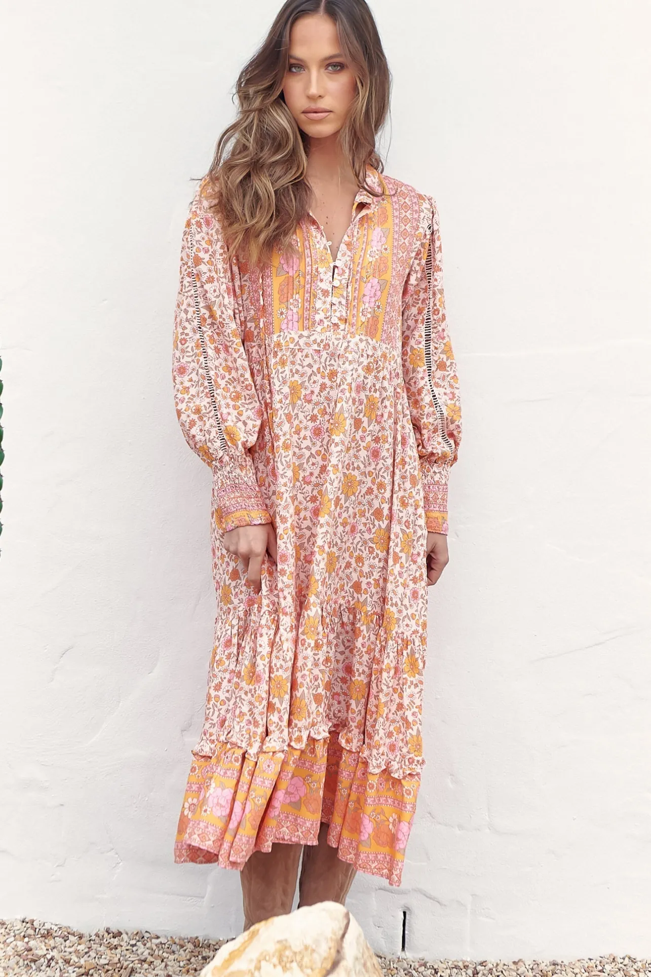 Nirvana Midi Dress - Mandarin Collar with Buttoned Bodice in Amor Print>Jaase Online