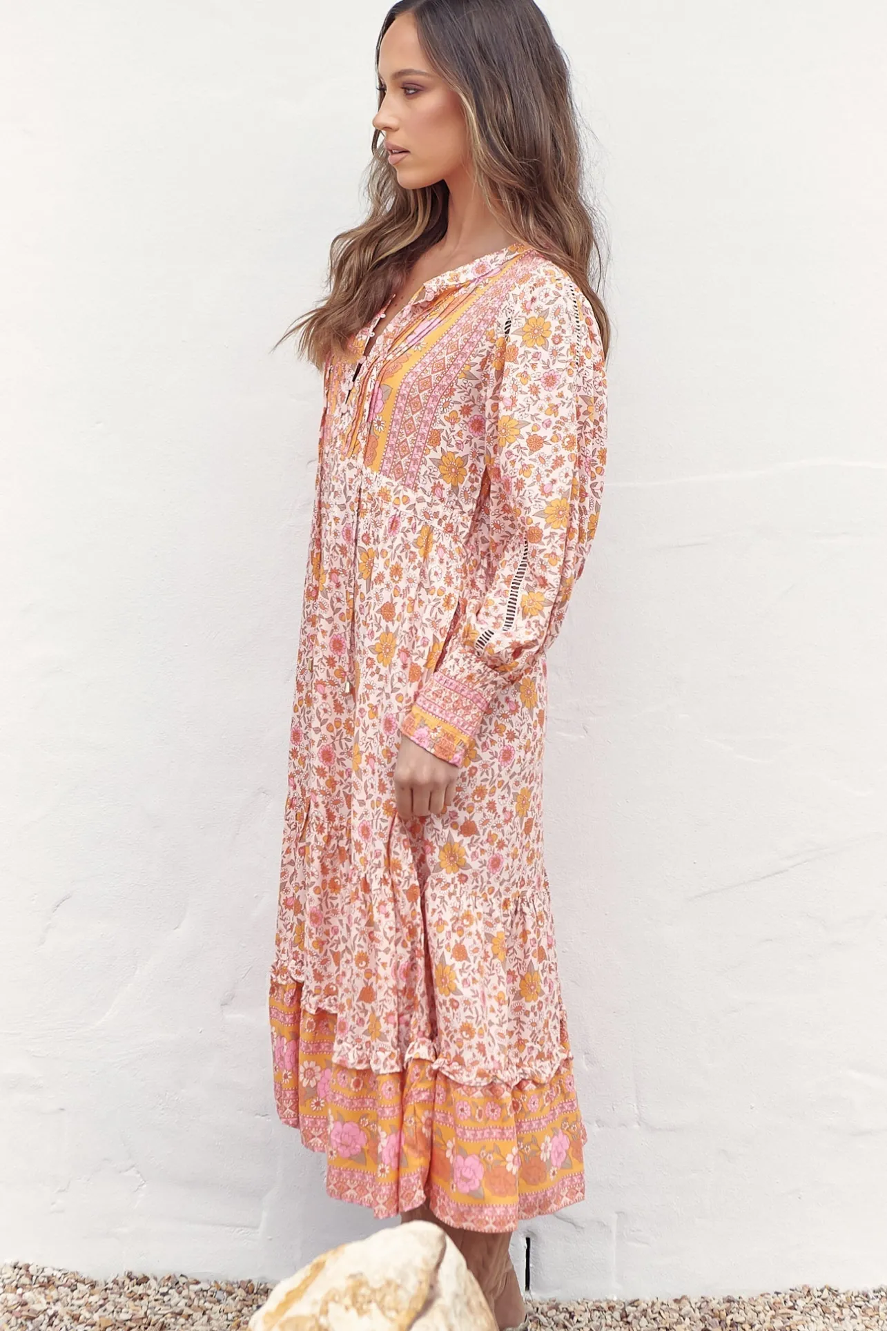 Nirvana Midi Dress - Mandarin Collar with Buttoned Bodice in Amor Print>Jaase Online