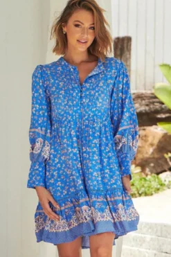 Nirvana Mini Dress - Mandarin Collar with Buttoned Bodice in Turkish Sea Print>Jaase Online