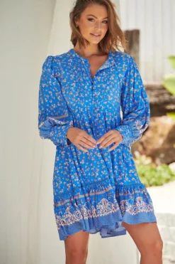 Nirvana Mini Dress - Mandarin Collar with Buttoned Bodice in Turkish Sea Print>Jaase Online