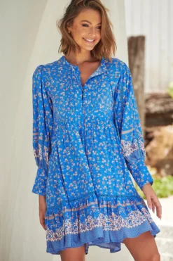 Nirvana Mini Dress - Mandarin Collar with Buttoned Bodice in Turkish Sea Print><noscript><img width=
