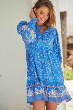 Nirvana Mini Dress - Mandarin Collar with Buttoned Bodice in Turkish Sea Print><noscript><img width=