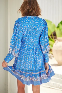Nirvana Mini Dress - Mandarin Collar with Buttoned Bodice in Turkish Sea Print><noscript><img width=