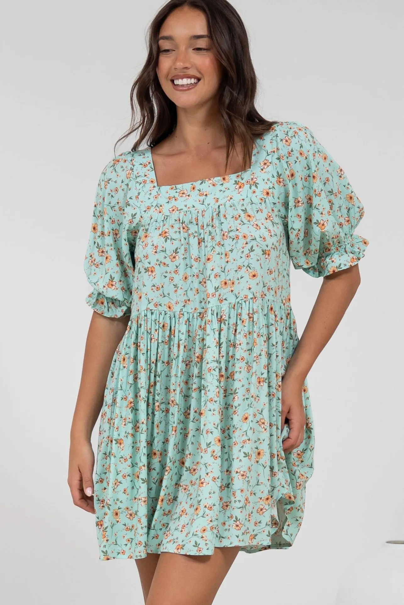 Nola Mini Dress - Square Neckline Babydoll Dress in Minty Print>Salty Crush Sale