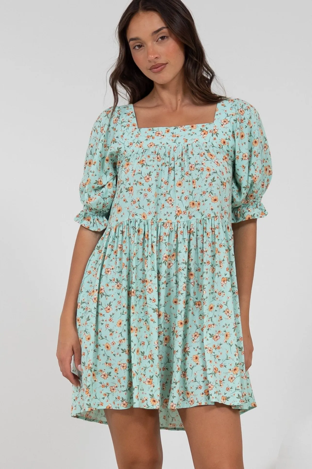Nola Mini Dress - Square Neckline Babydoll Dress in Minty Print>Salty Crush Sale