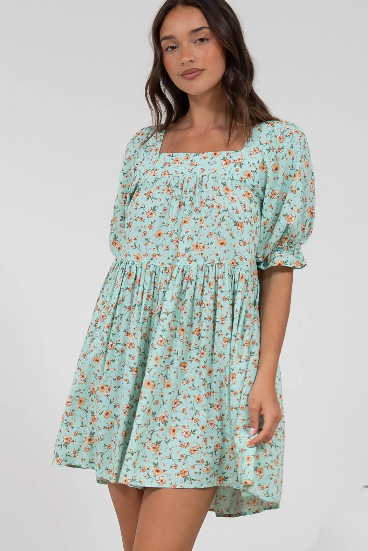 Nola Mini Dress - Square Neckline Babydoll Dress in Minty Print>Salty Crush Sale