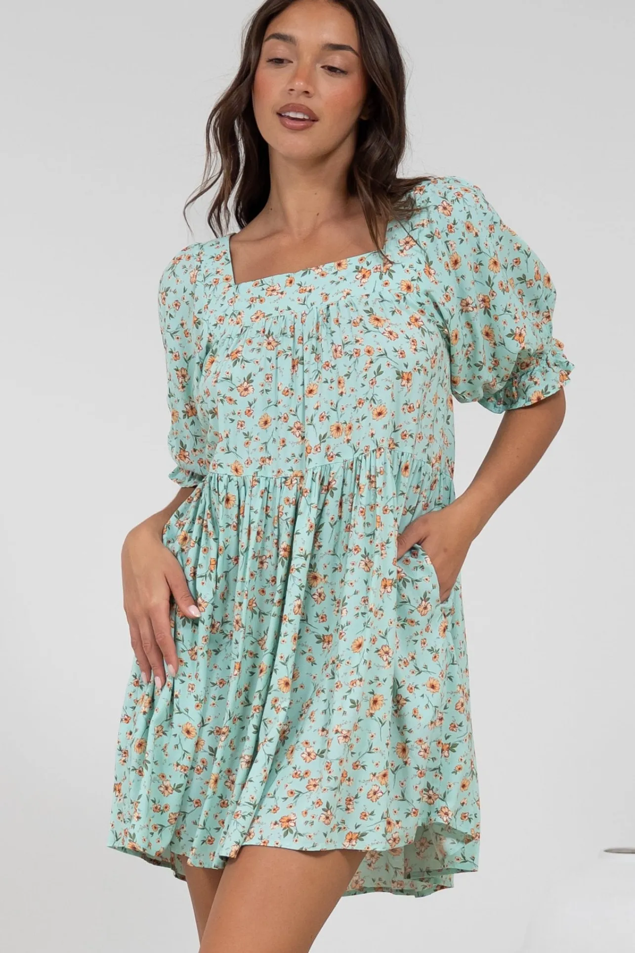 Nola Mini Dress - Square Neckline Babydoll Dress in Minty Print>Salty Crush Sale