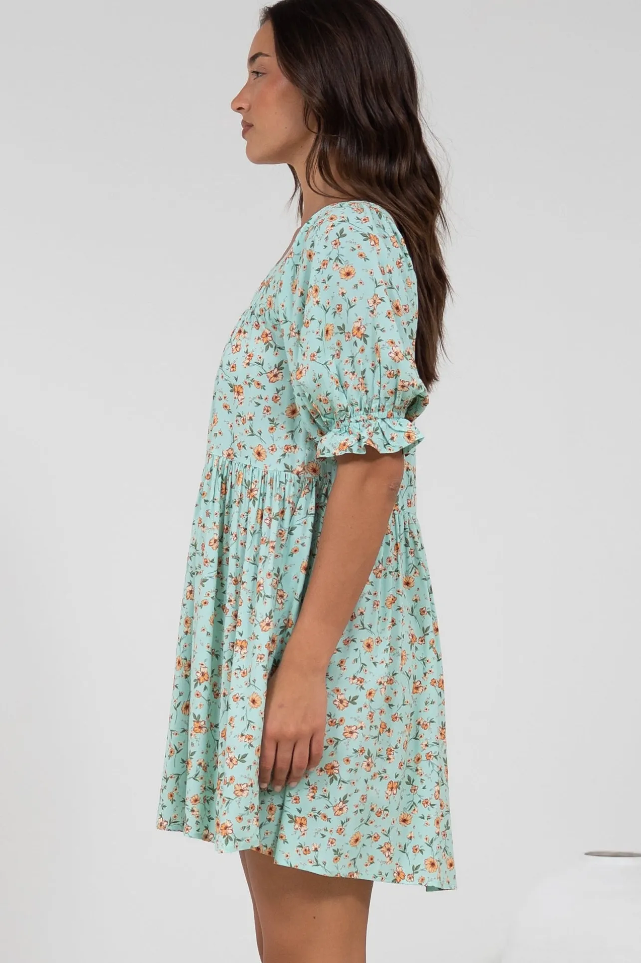 Nola Mini Dress - Square Neckline Babydoll Dress in Minty Print>Salty Crush Sale