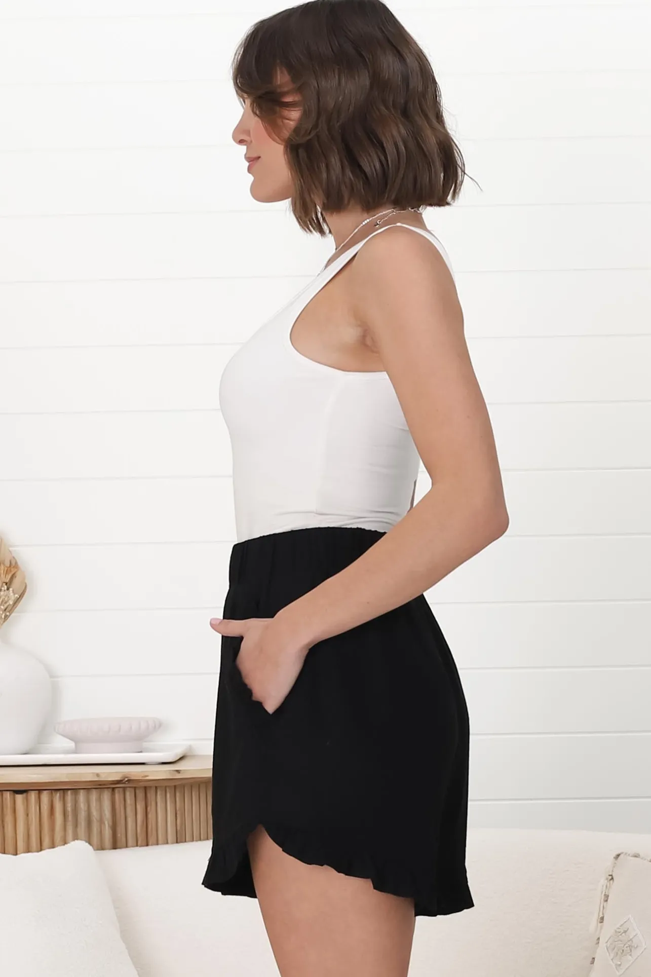 Nolan Shorts - High Waist Frill Hemline Shorts with Pockets in Black>Salty Crush Sale