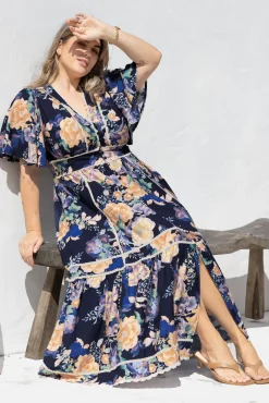 Nolette Maxi Dress - Lace Trim Button Down Dress with Flutter Sleeves in Ana Print Navy>Salty Crush Clearance