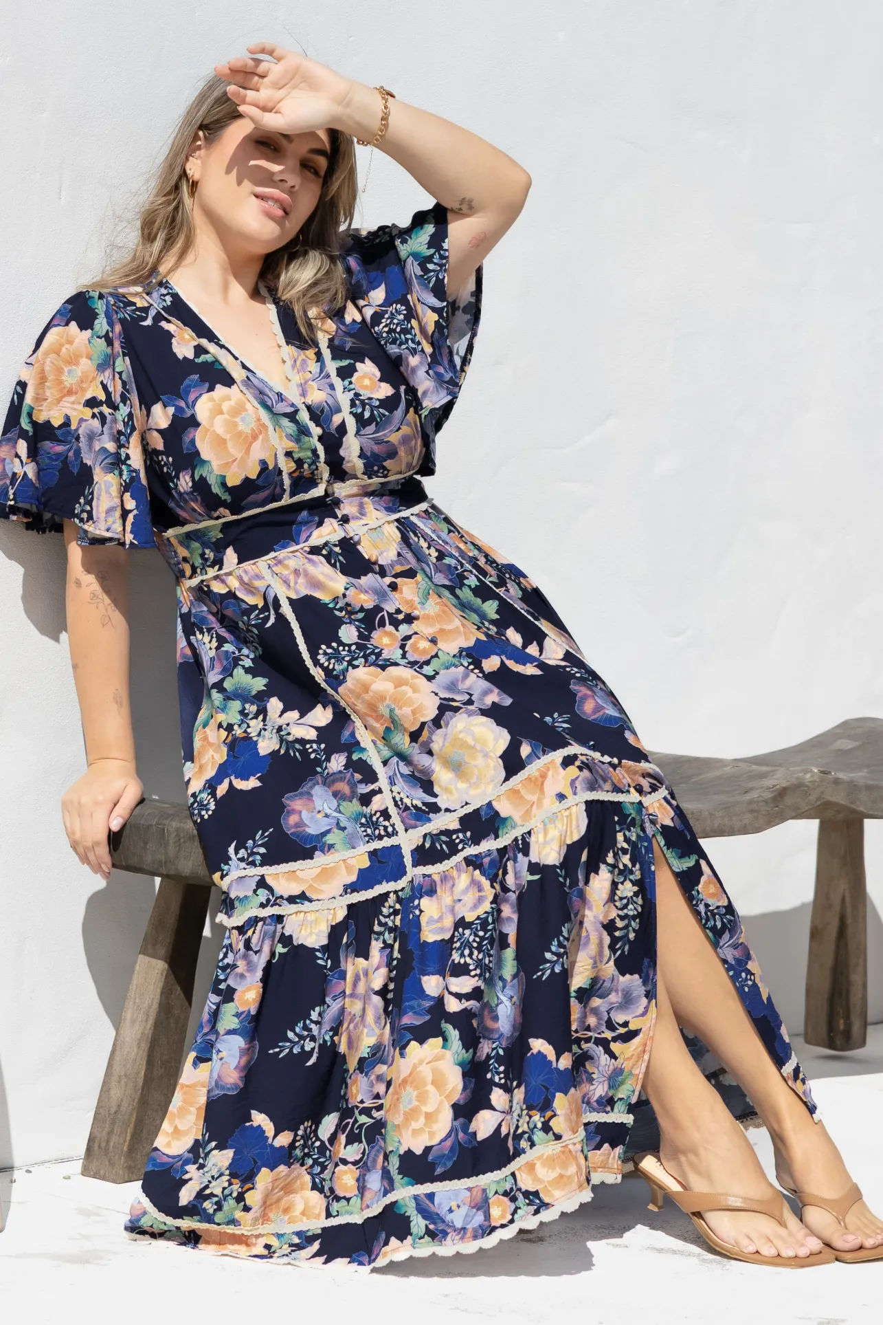 Nolette Maxi Dress - Lace Trim Button Down Dress with Flutter Sleeves in Ana Print Navy>Salty Crush Clearance