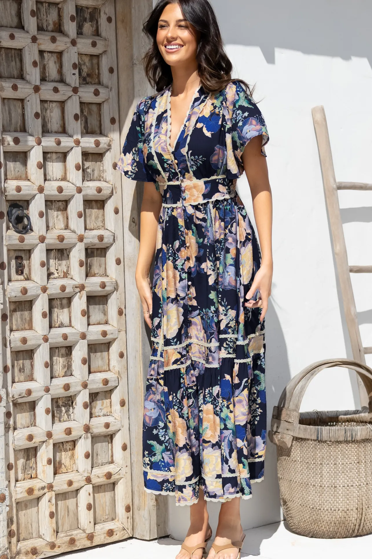 Nolette Maxi Dress - Lace Trim Button Down Dress with Flutter Sleeves in Ana Print Navy>Salty Crush Clearance