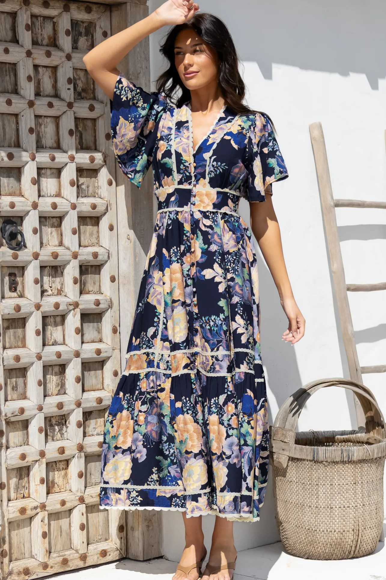 Nolette Maxi Dress - Lace Trim Button Down Dress with Flutter Sleeves in Ana Print Navy>Salty Crush Clearance